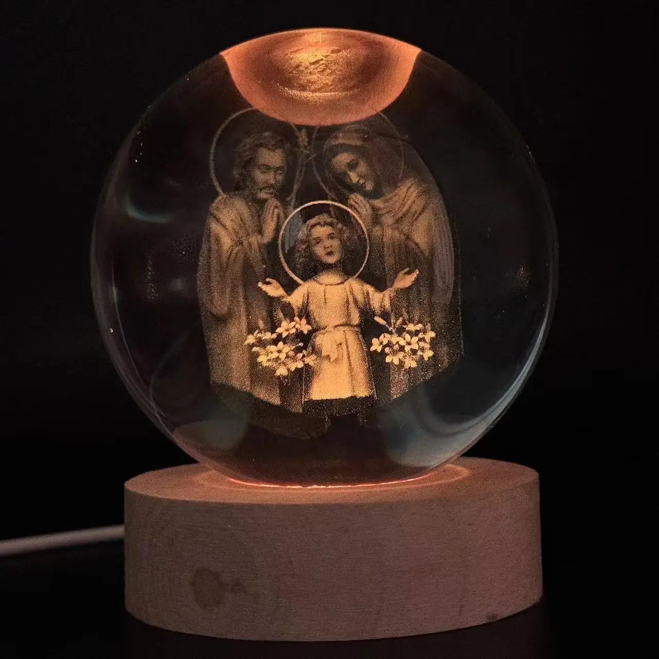 1pc,3D laser engraving family happy round ball night light, with colored light wood lamp holder, home decoration decoration, sui